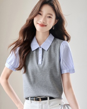 Splice summer shirt puff sleeve stripe tops for women