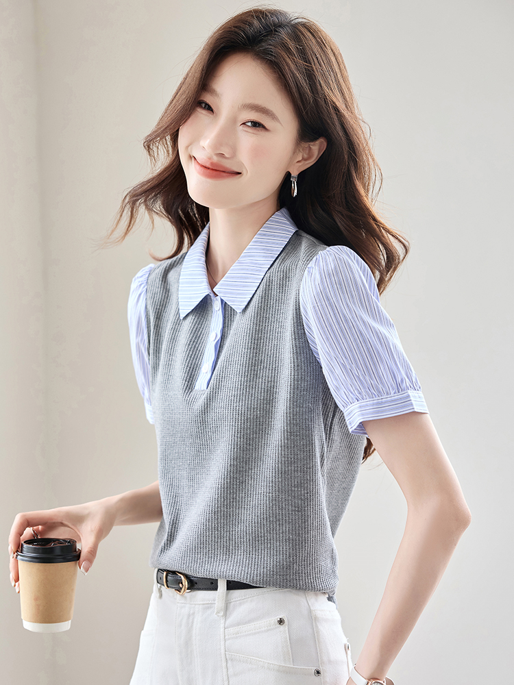 Splice summer shirt puff sleeve stripe tops for women