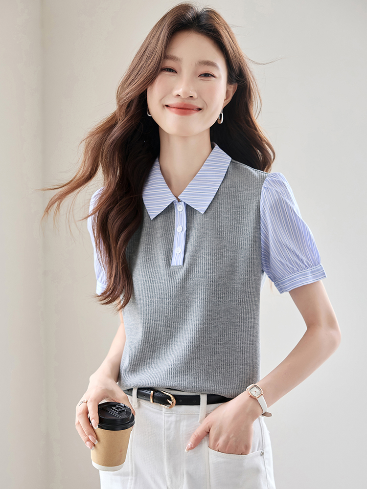 Splice summer shirt puff sleeve stripe tops for women