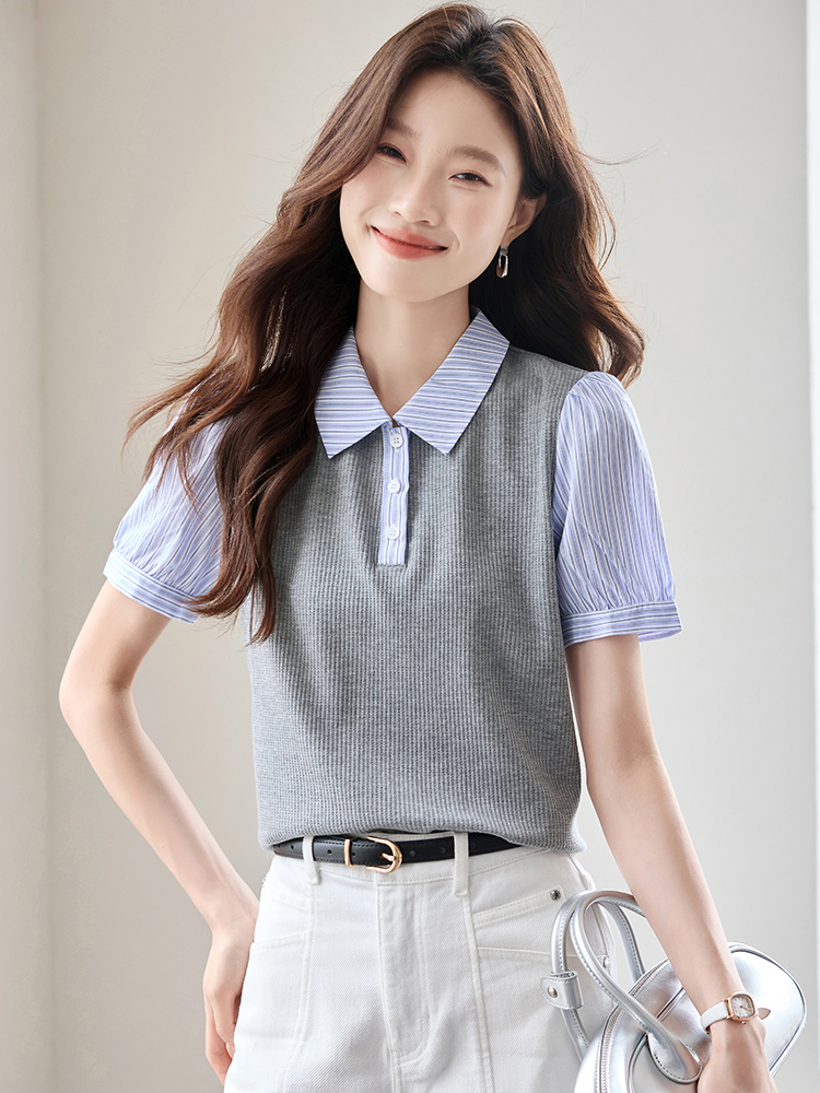 Splice summer shirt puff sleeve stripe tops for women