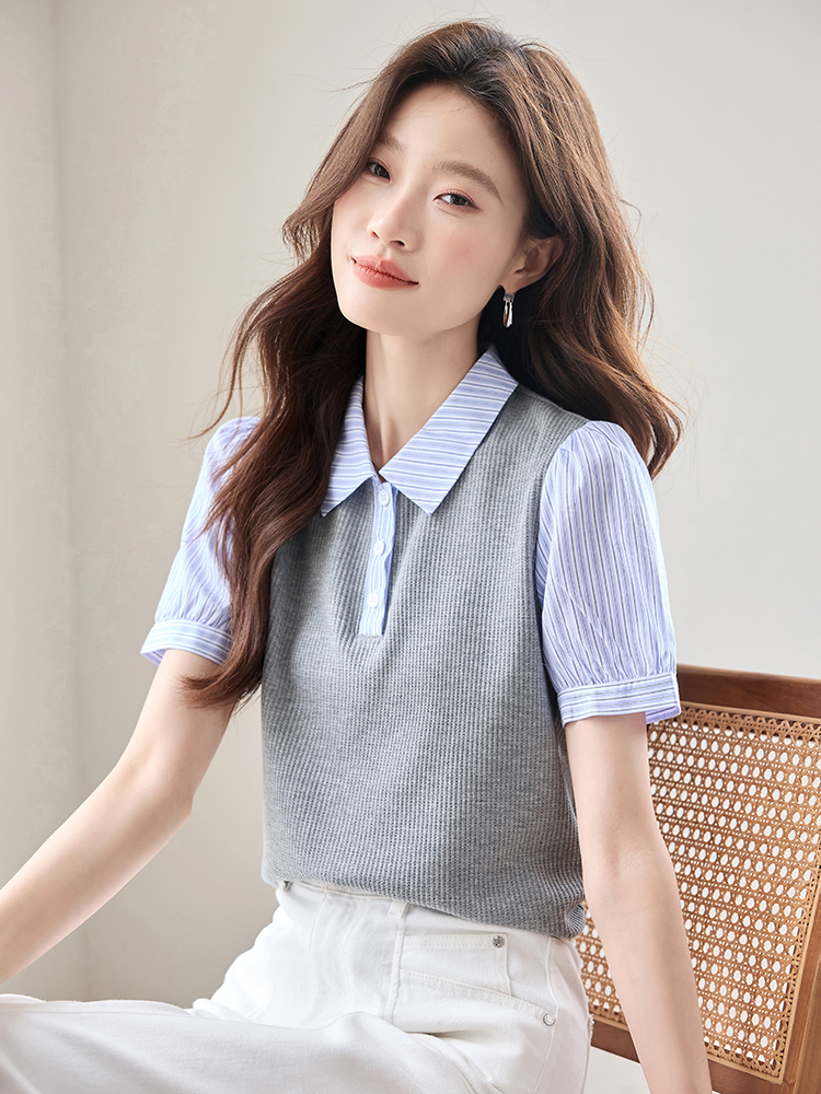 Splice summer shirt puff sleeve stripe tops for women