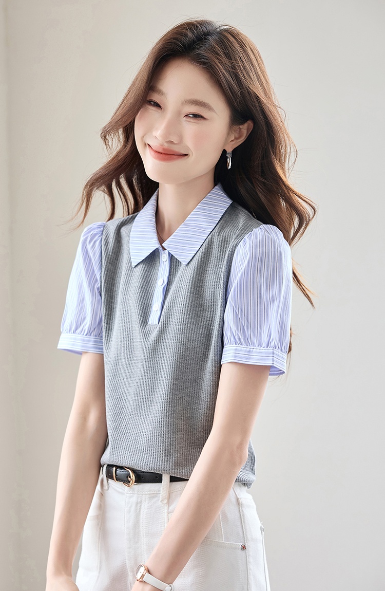 Splice summer shirt puff sleeve stripe tops for women