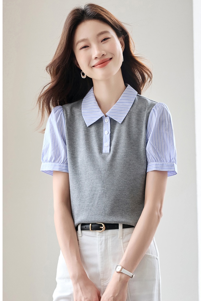 Splice summer shirt puff sleeve stripe tops for women