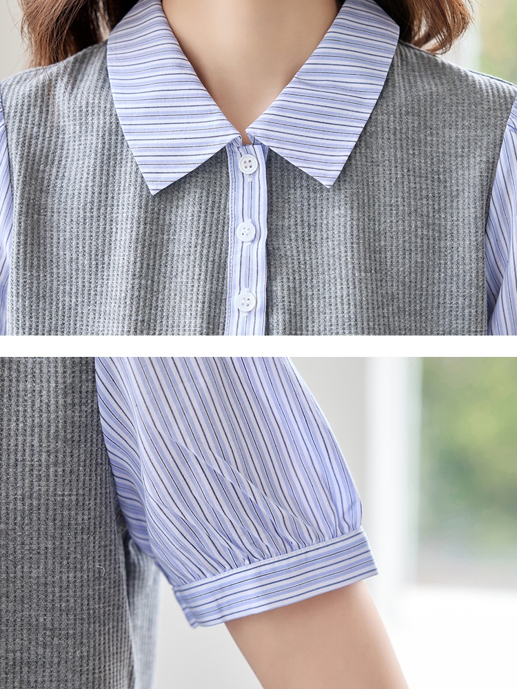 Splice summer shirt puff sleeve stripe tops for women