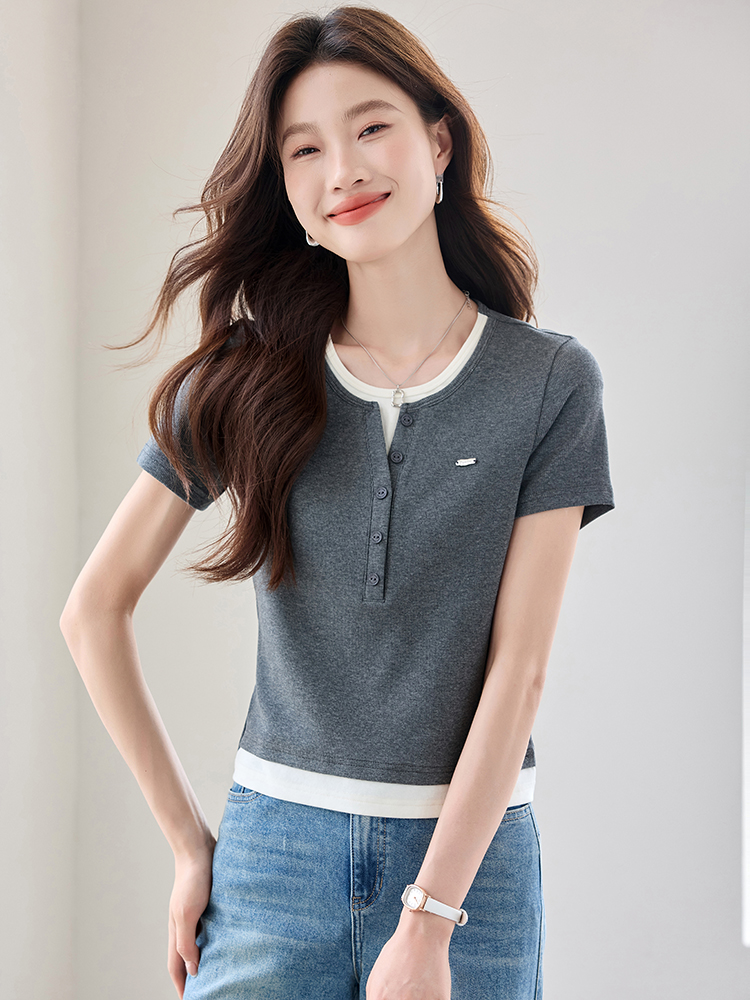 Casual summer gray tops mixed colors splice T-shirt for women