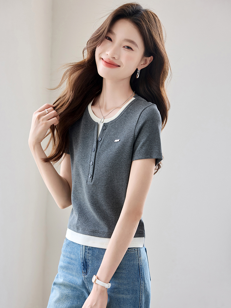 Casual summer gray tops mixed colors splice T-shirt for women