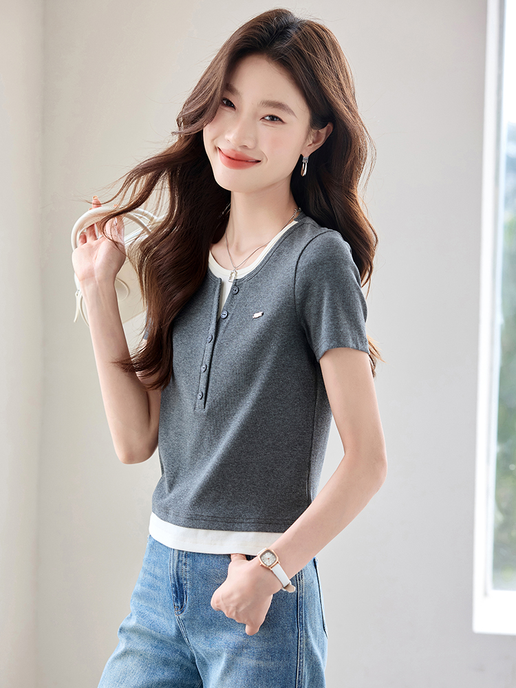 Casual summer gray tops mixed colors splice T-shirt for women