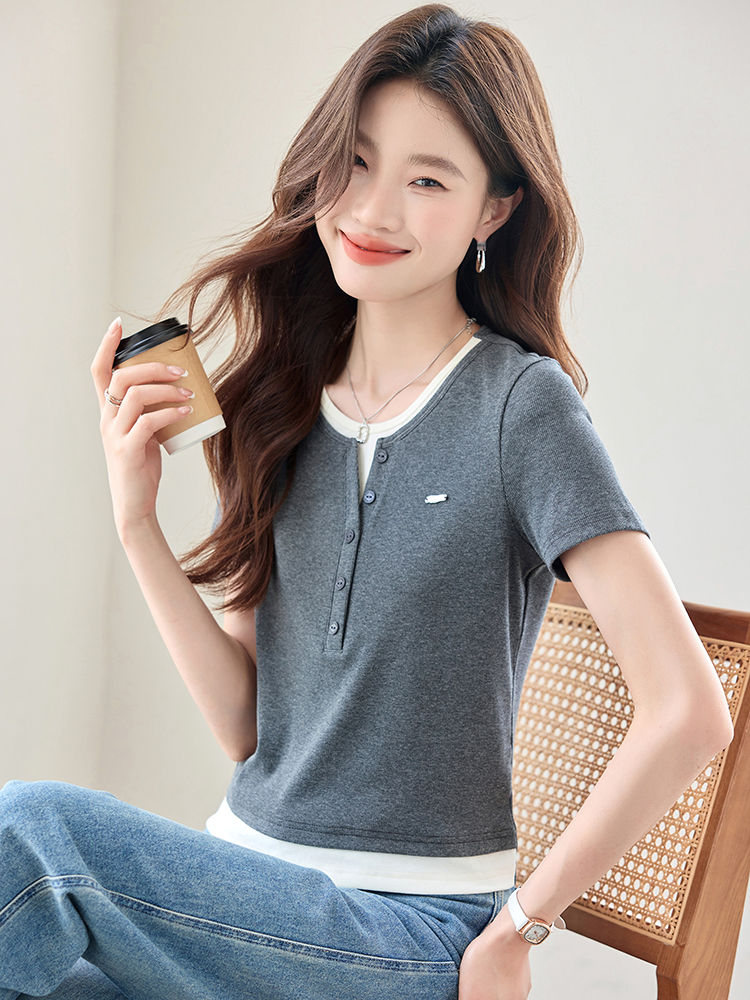 Casual summer gray tops mixed colors splice T-shirt for women