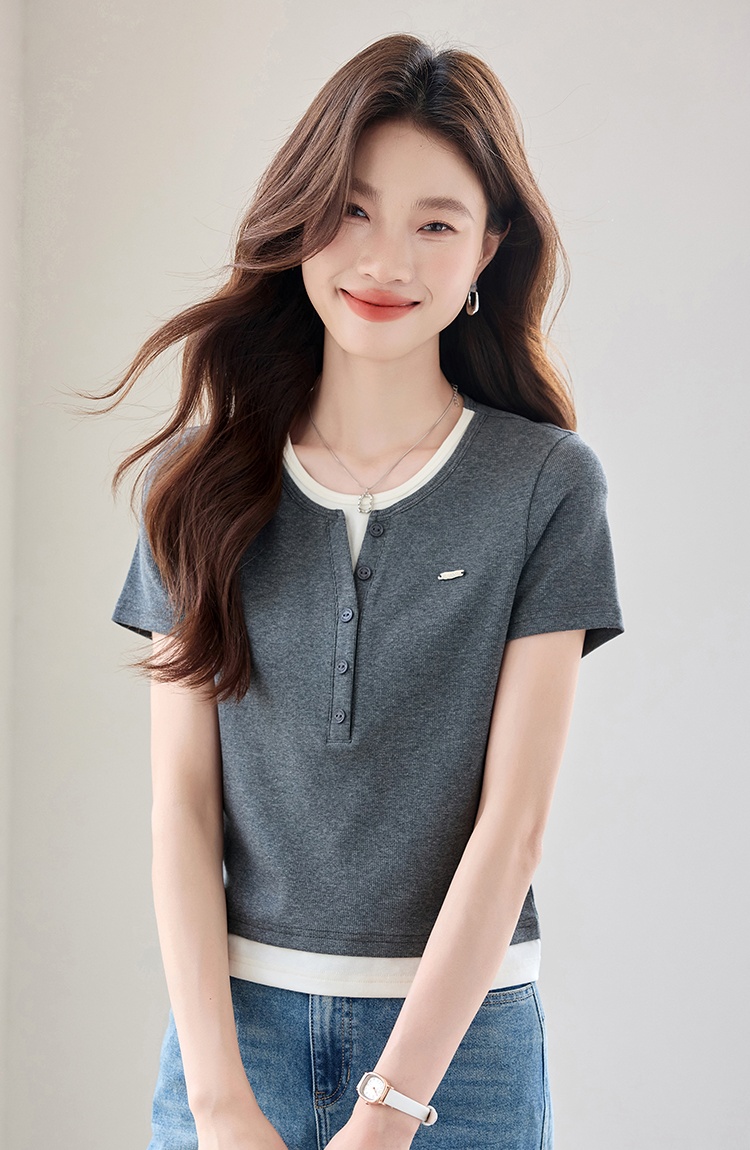 Casual summer gray tops mixed colors splice T-shirt for women