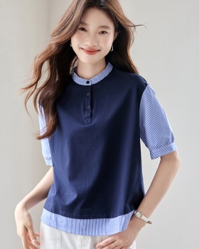 Splice stripe T-shirt summer Pseudo-two shirt