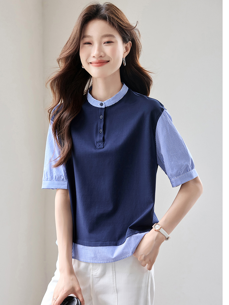 Splice stripe T-shirt summer Pseudo-two shirt
