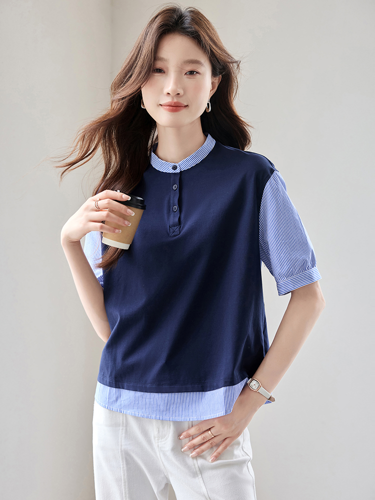 Splice stripe T-shirt summer Pseudo-two shirt