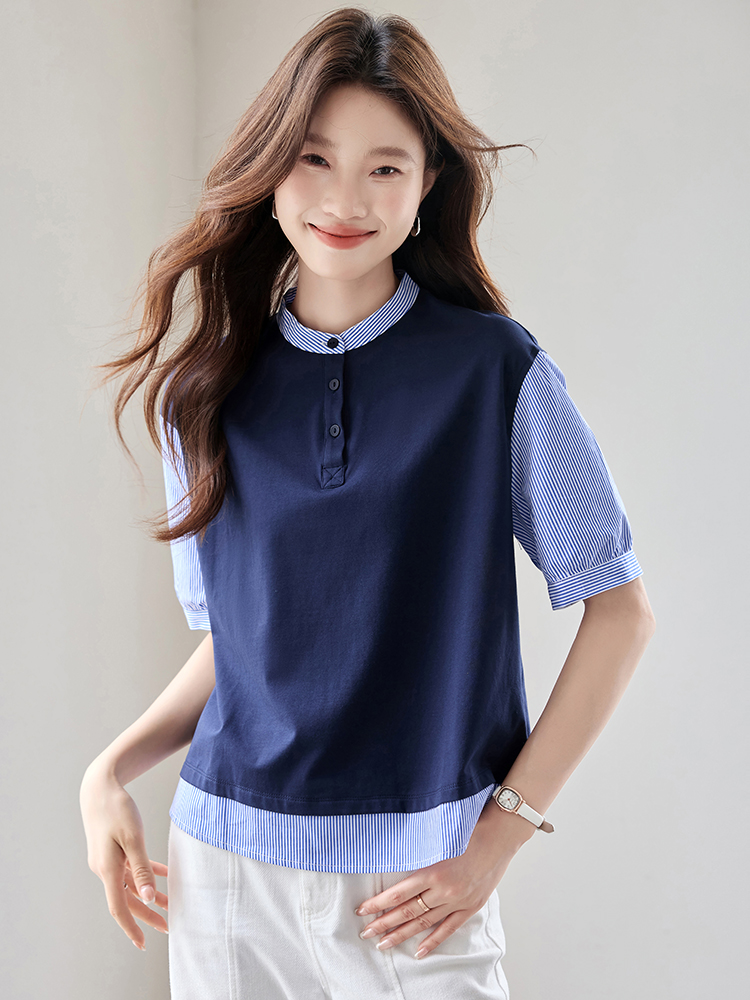 Splice stripe T-shirt summer Pseudo-two shirt