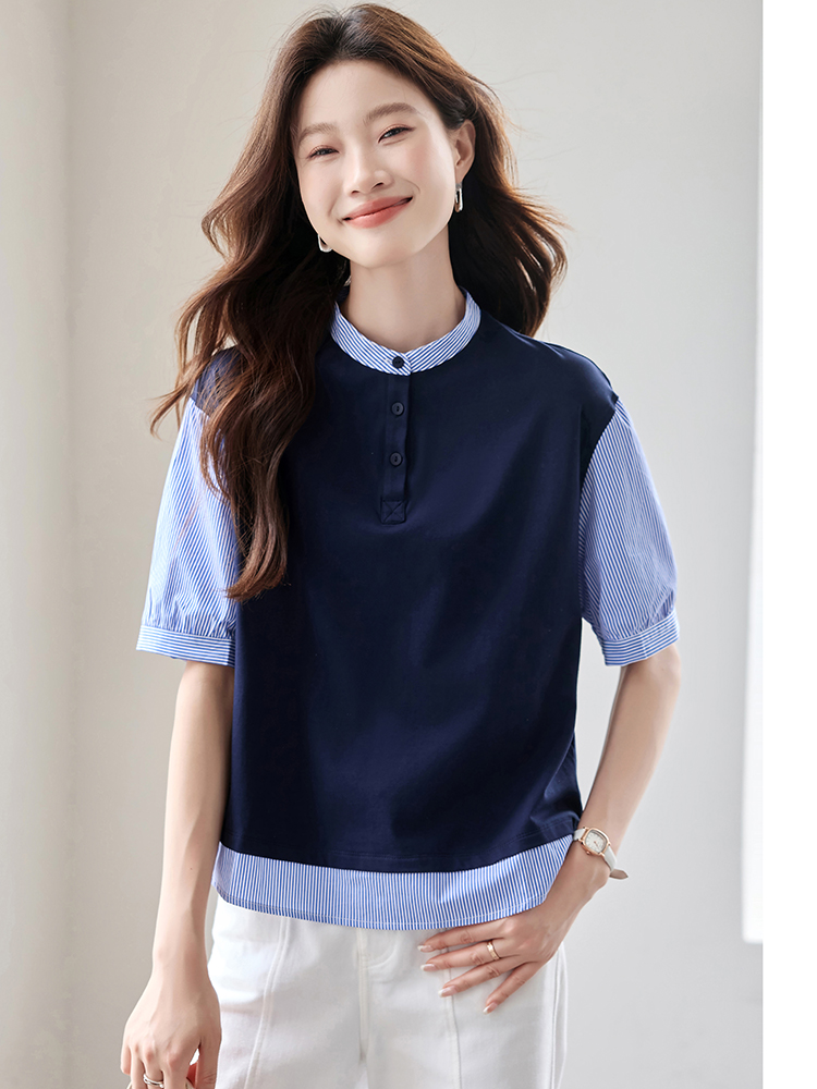Splice stripe T-shirt summer Pseudo-two shirt