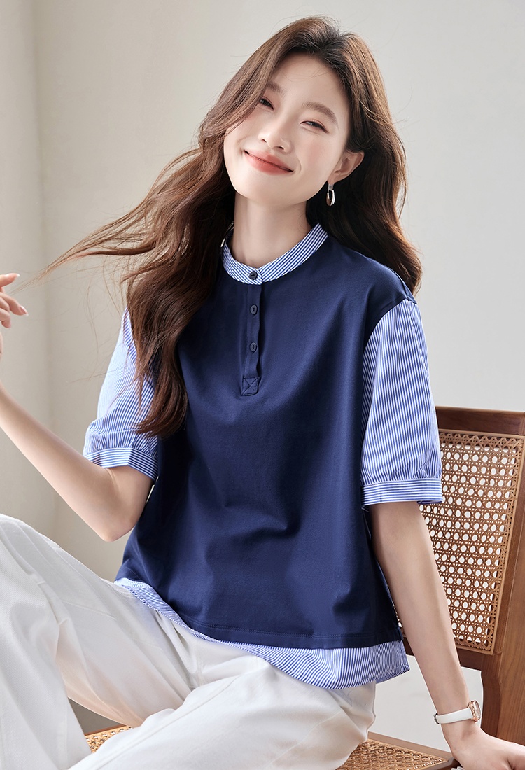 Splice stripe T-shirt summer Pseudo-two shirt