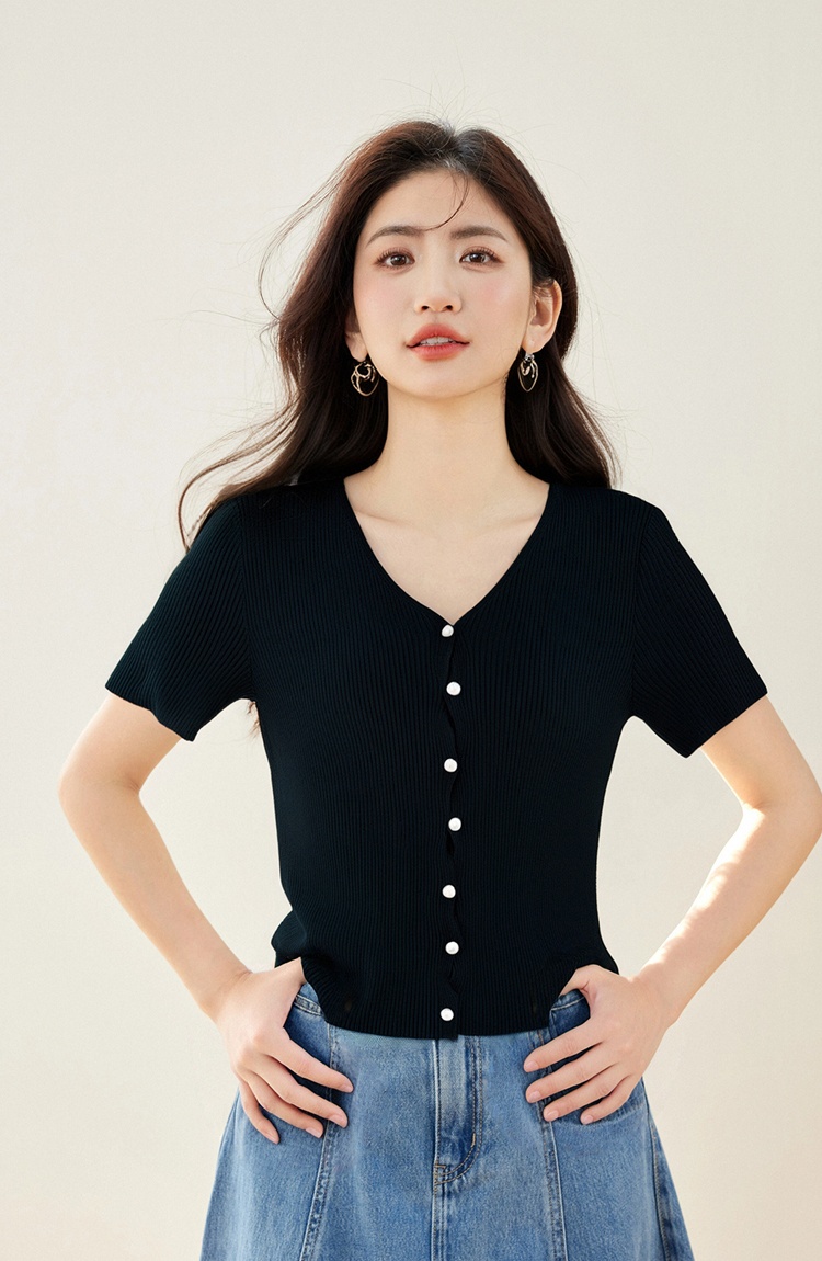 Ice silk pure sweater niche V-neck tops for women