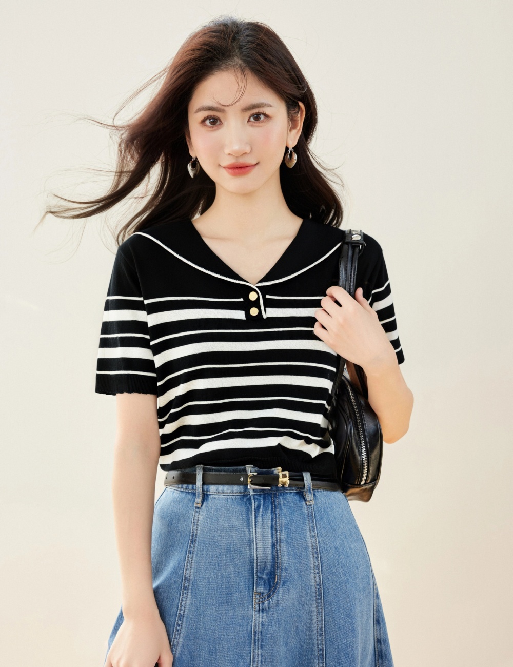 Pullover lapel tops short sleeve sweater for women