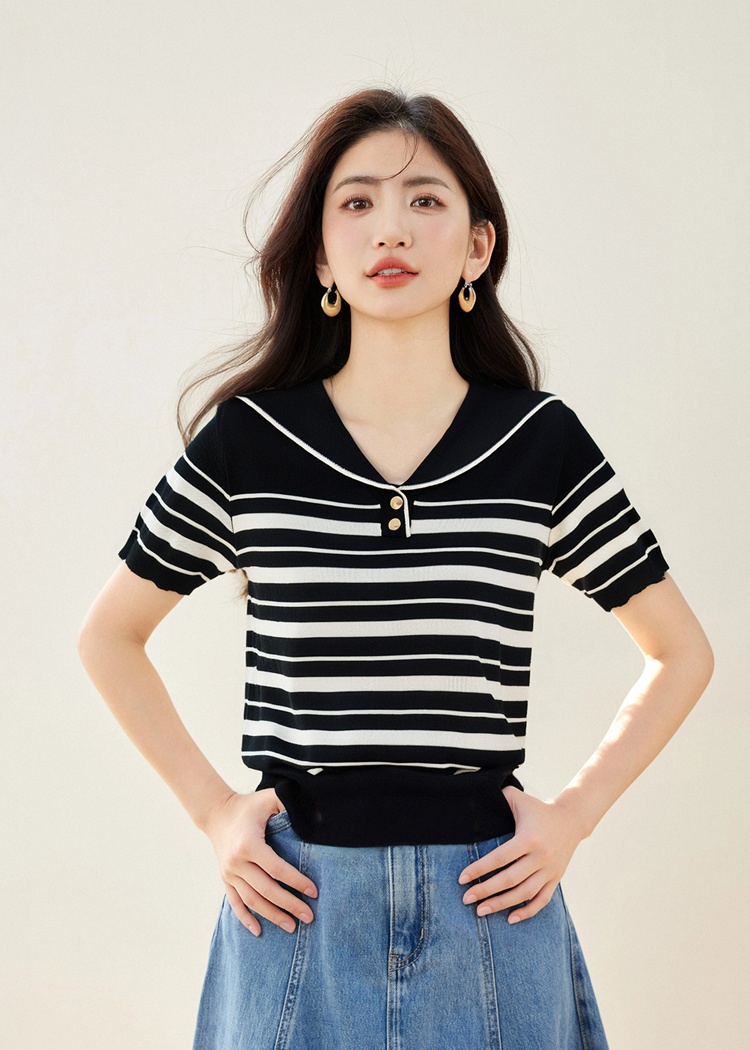 Pullover lapel tops short sleeve sweater for women