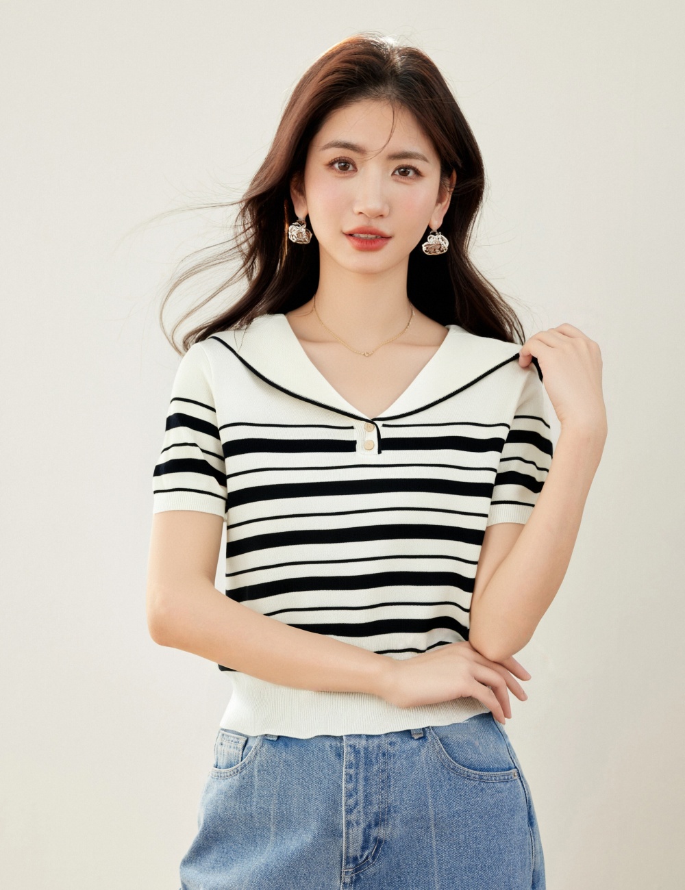 Pullover lapel tops short sleeve sweater for women