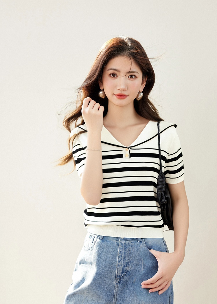 Pullover lapel tops short sleeve sweater for women