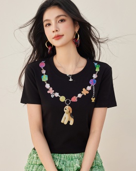 Round neck short beads bottoming shirt slim thin tops