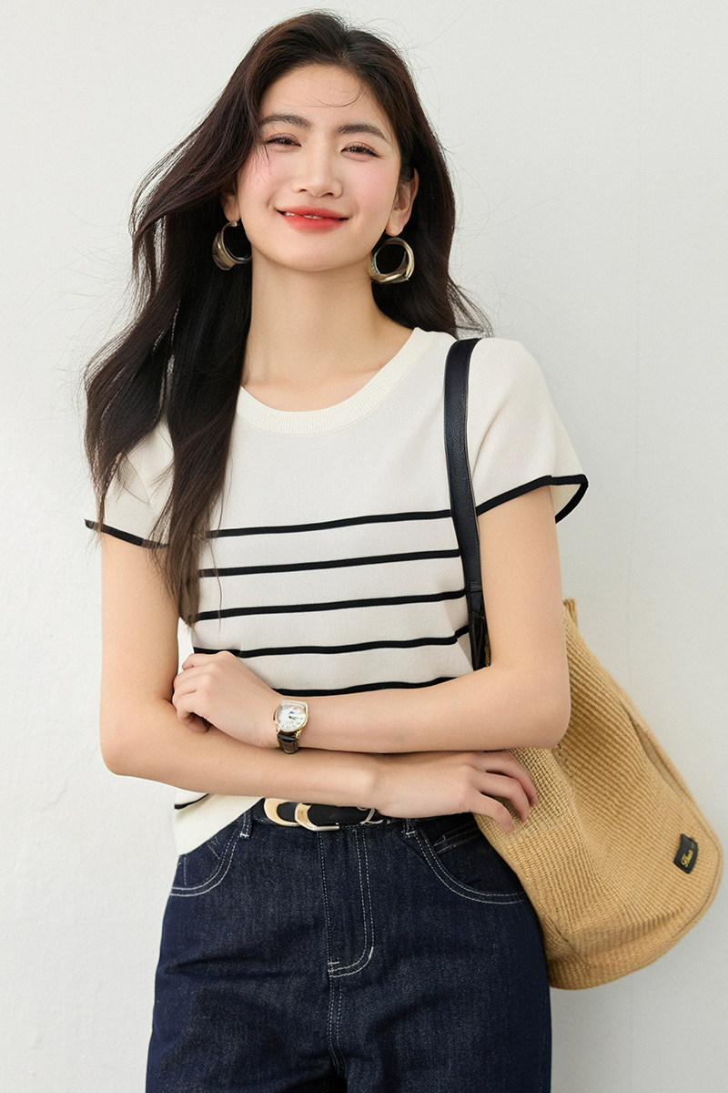 Korean style knitted short short sleeve all-match tops