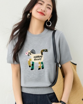 Korean style pony Casual embroidery sweater for women