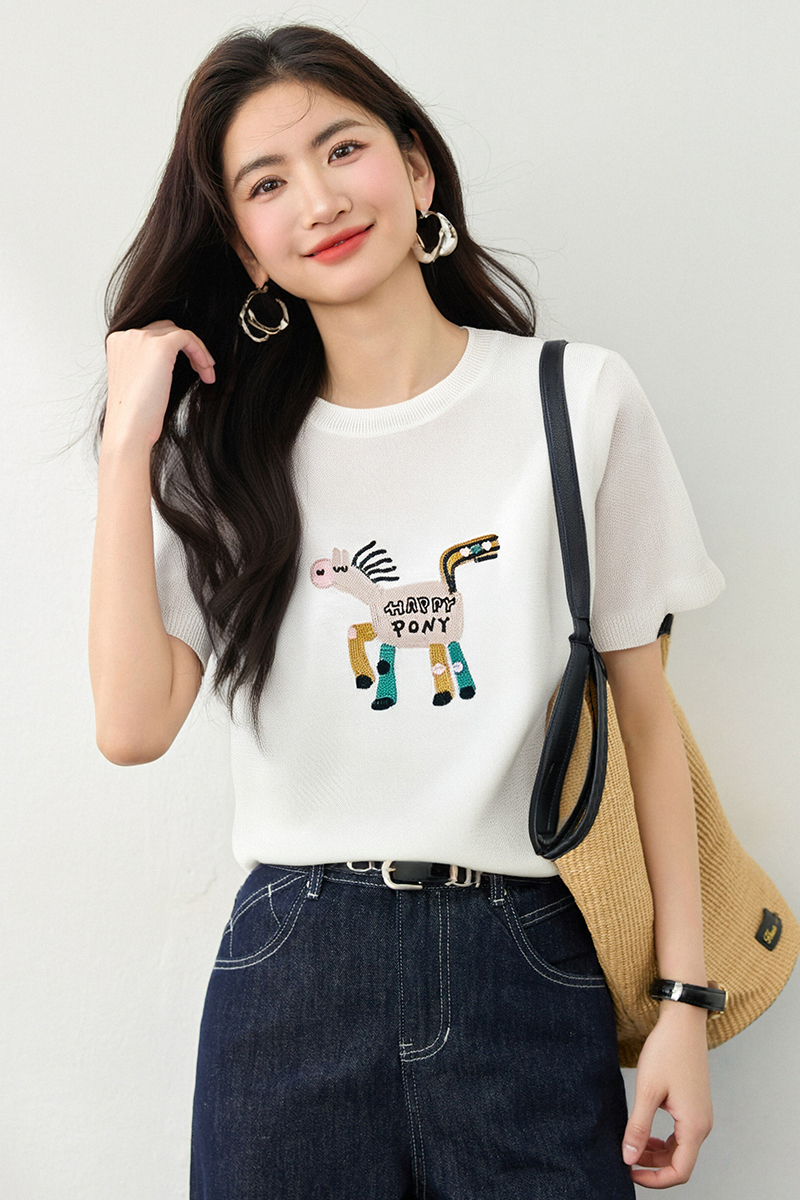Korean style pony Casual embroidery sweater for women