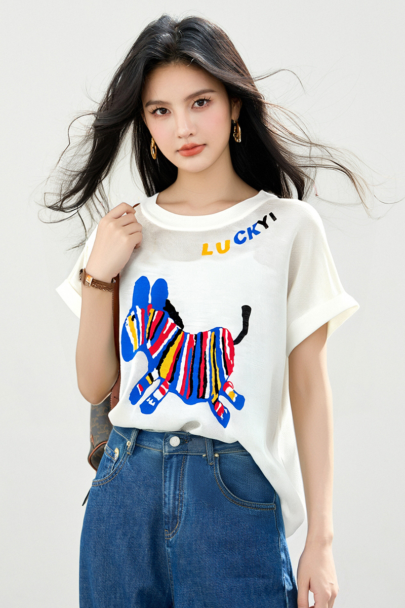 Summer loose thin tops ice silk cartoon round neck T-shirt