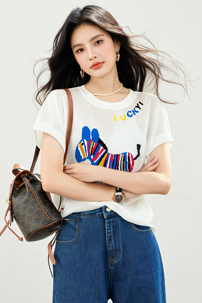 Summer loose thin tops ice silk cartoon round neck T-shirt