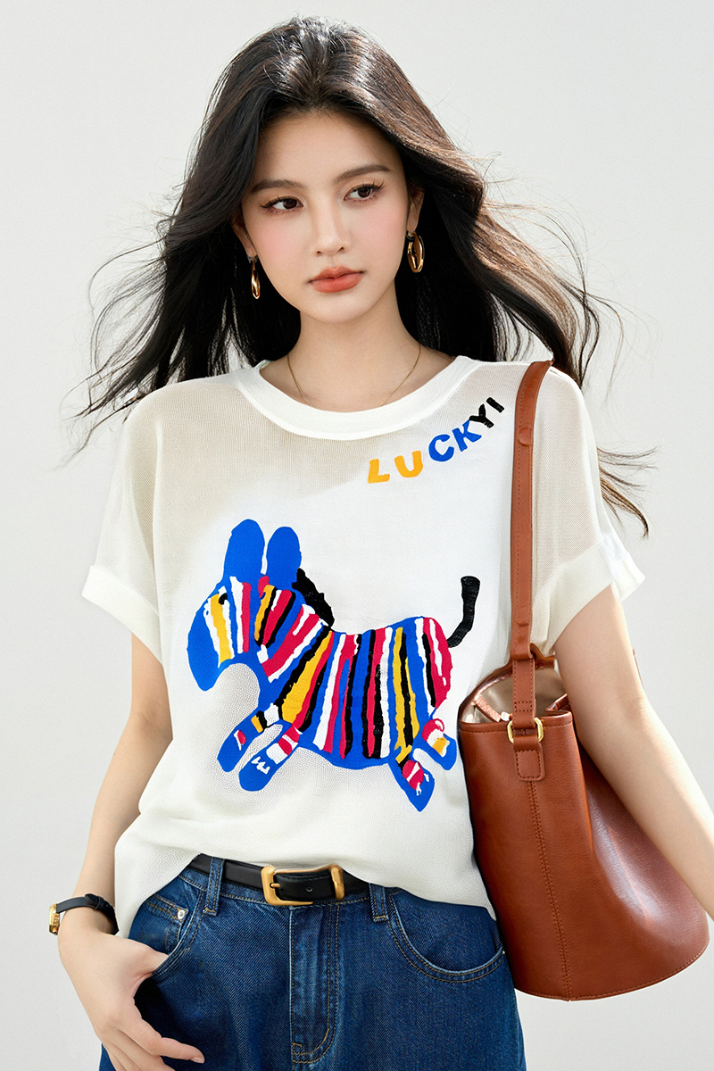 Summer loose thin tops ice silk cartoon round neck T-shirt