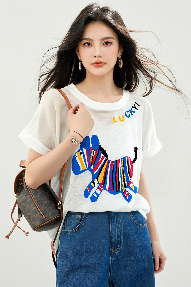 Summer loose thin tops ice silk cartoon round neck T-shirt