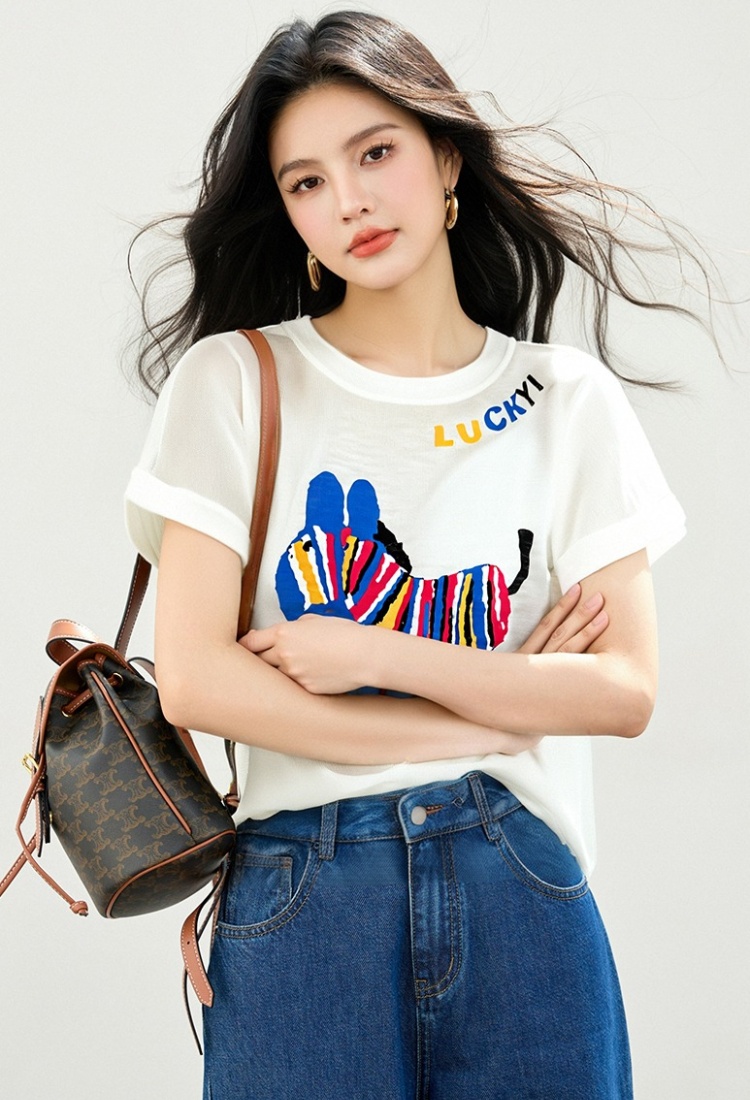 Summer loose thin tops ice silk cartoon round neck T-shirt