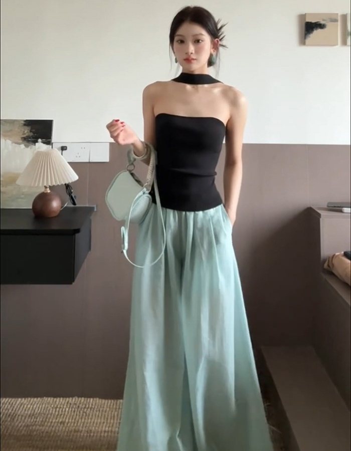 Sling summer wide leg pants halter vest a set for women