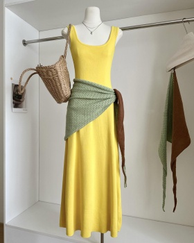 Mixed colors U-neck dress slim long dress 2pcs set