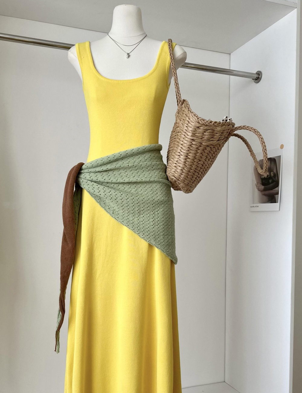 Mixed colors U-neck dress slim long dress 2pcs set
