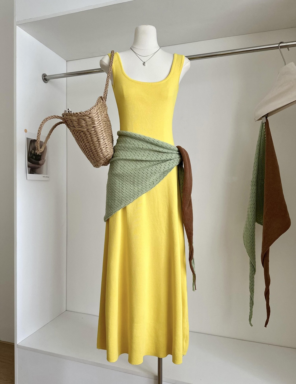 Mixed colors U-neck dress slim long dress 2pcs set