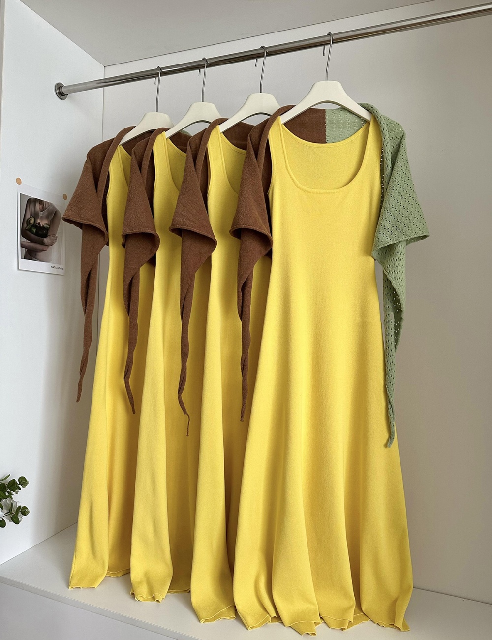 Mixed colors U-neck dress slim long dress 2pcs set
