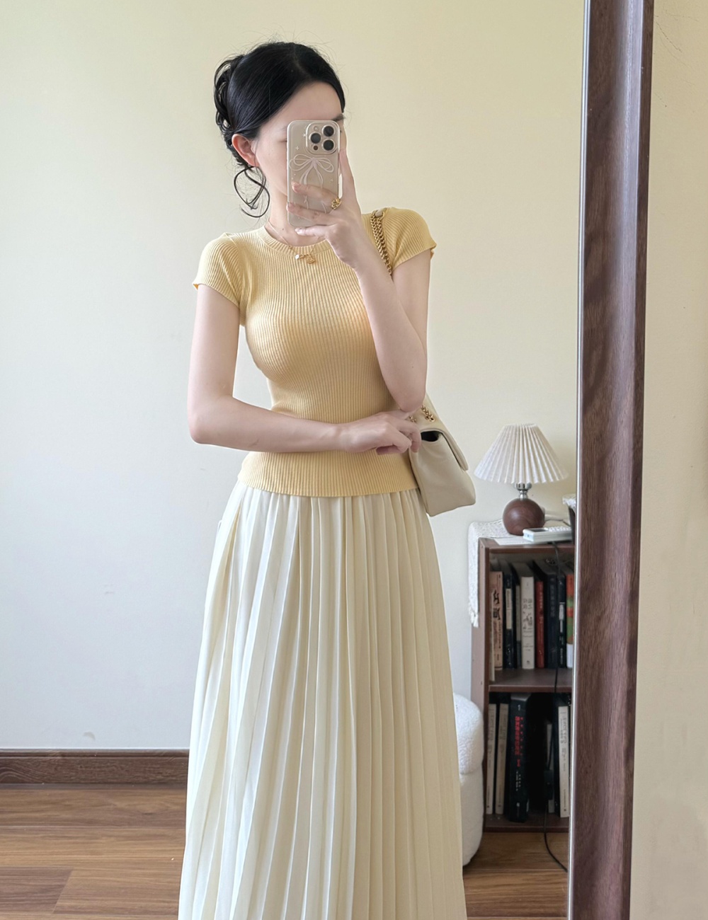 Knitted slim skirt yellow tops 2pcs set for women