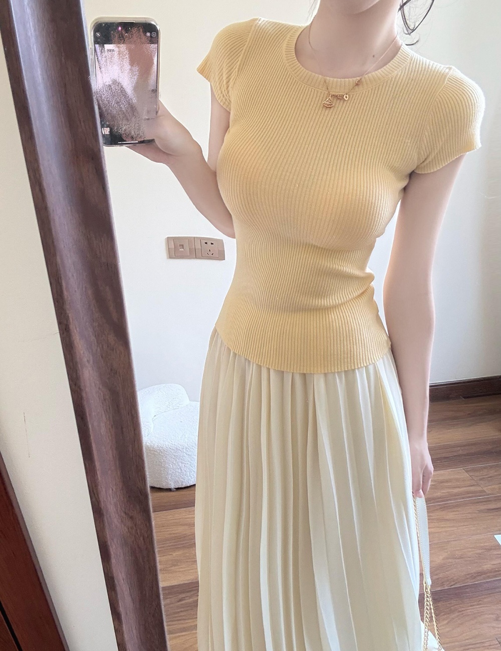Knitted slim skirt yellow tops 2pcs set for women