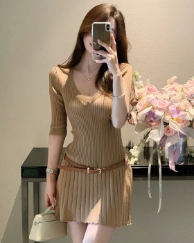 Spicegirl V-neck short sleeve T-back slim with belt dress