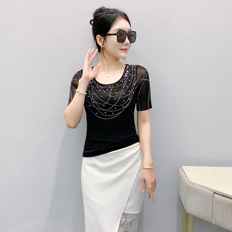 Western style unique tops rhinestone T-shirt for women