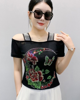 Strapless short sleeve tops horizontal collar unique T-shirt