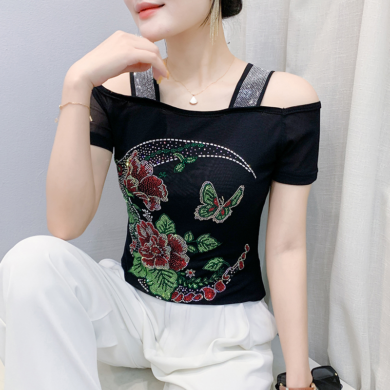 Strapless short sleeve tops horizontal collar unique T-shirt