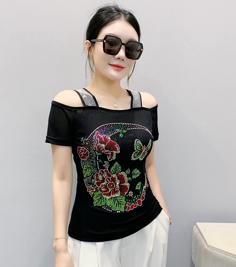Strapless short sleeve tops horizontal collar unique T-shirt