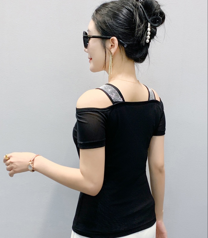 Strapless short sleeve tops horizontal collar unique T-shirt