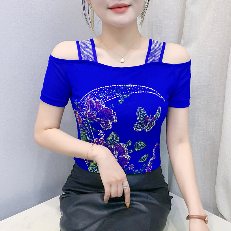 Strapless short sleeve tops horizontal collar unique T-shirt