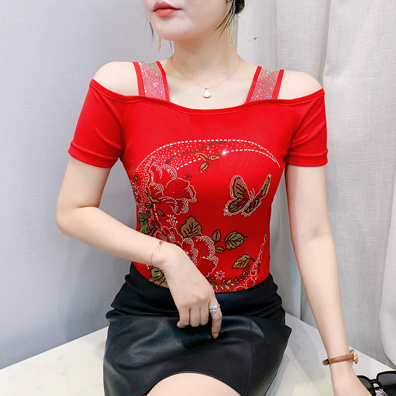 Strapless short sleeve tops horizontal collar unique T-shirt
