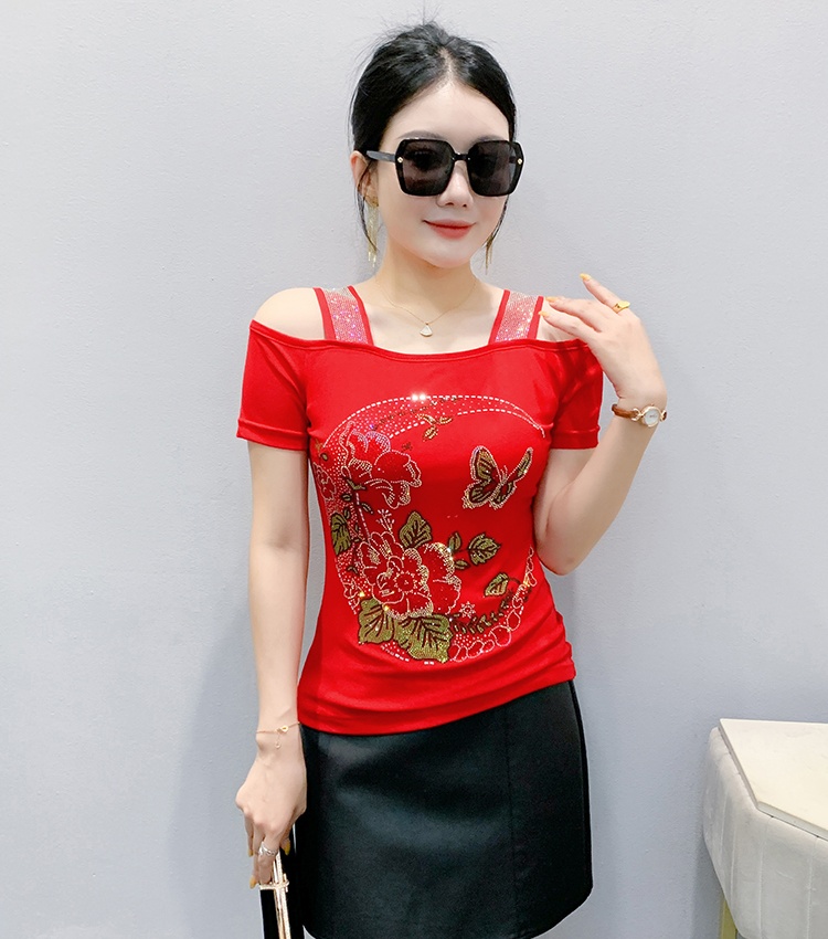 Strapless short sleeve tops horizontal collar unique T-shirt