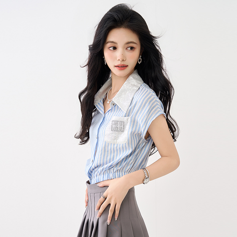 Short sleeve unique tops summer blue shirt for women